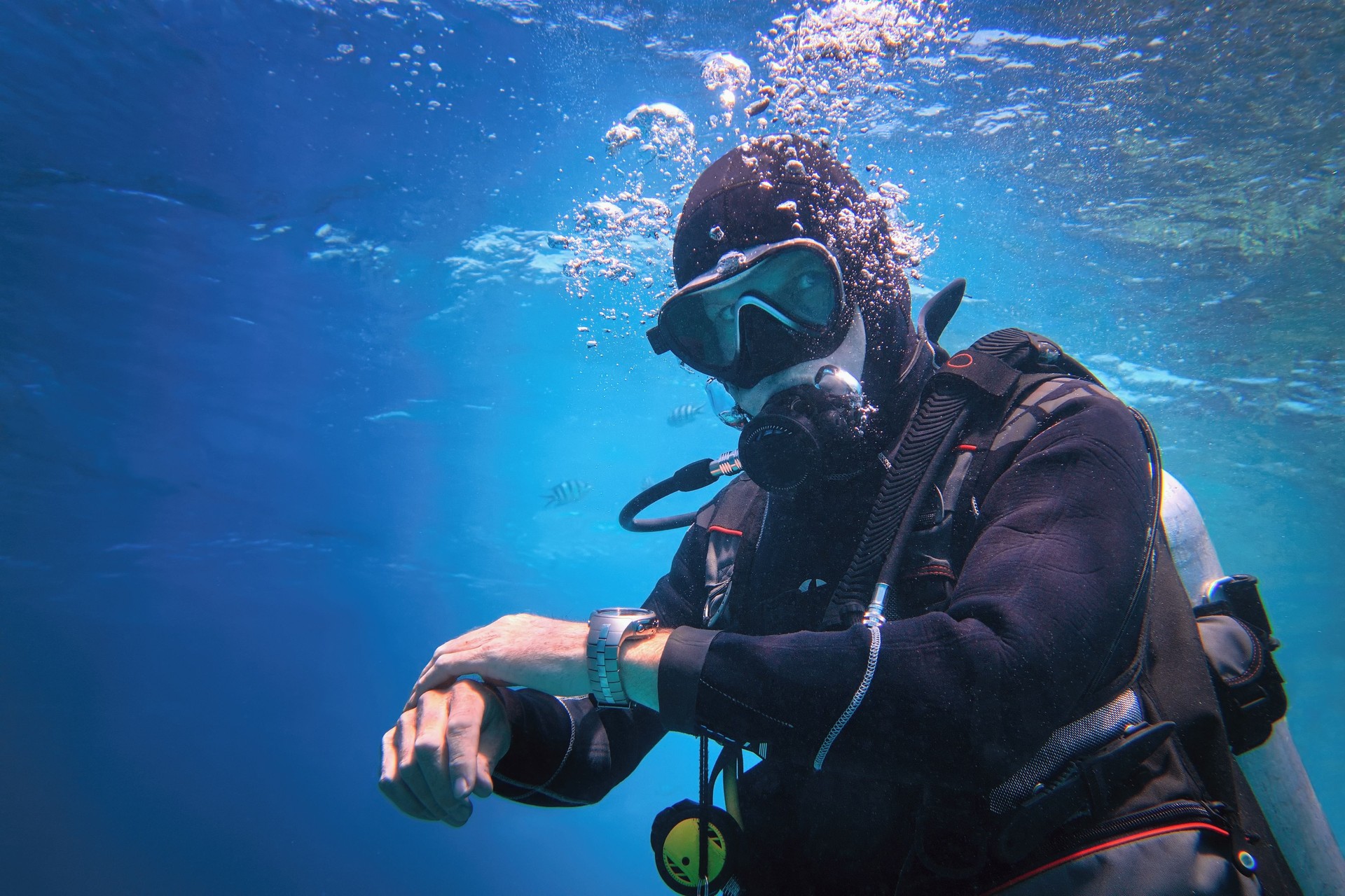 Fully equipped man scuba diver underwater in the blue water Fully equipped man scuba diver underwater in the blue water
